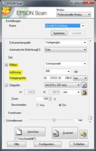 Noten scannen: Grundeinstellungen für einen Schwarzweißscan bei 300 dpi in A4-Format