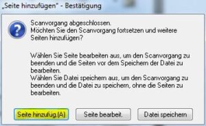 Noten scannen: Dialogfeld zum Scannen der nächsten Seite in die selbe Datei